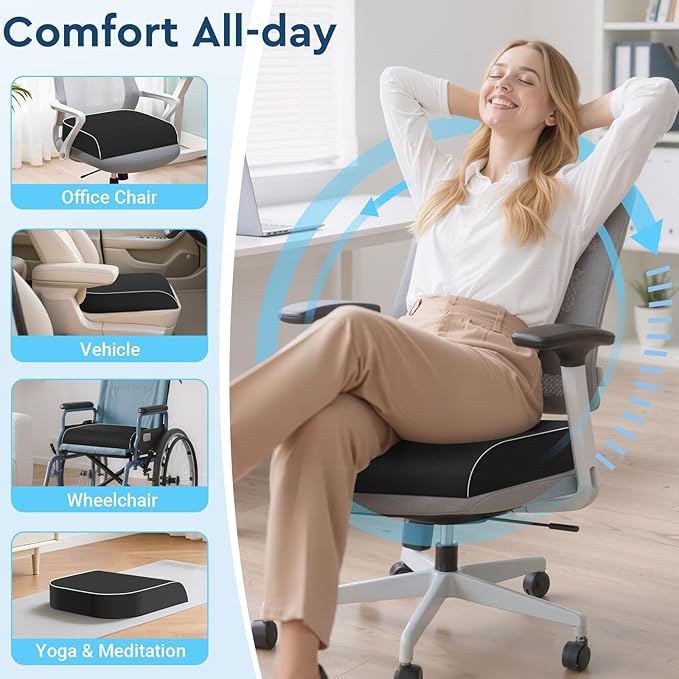 Seat Cushion, Memory Foam Office Chair Cushions for Long Sitting Hours, Chair Pad for Sciatica, Coccyx, Tailbone, Hip Pain & Pressure Relief, Office, Home, Car Seats, Airplane, Black/Large