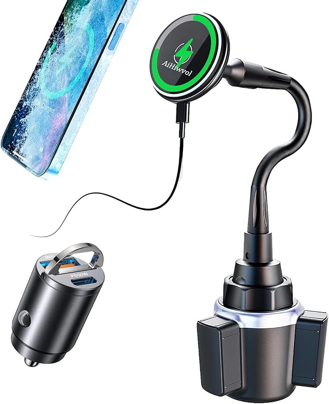 for Qi2 15W Magsafe Car Cup Holder Charger [Heat Restriction], Magnetic Cup Holder Phone Mount Wireless Charger, Fast Charging for iPhone 17 to12 Series[with 30W PD3.0&QC4.0 Car Adapter]