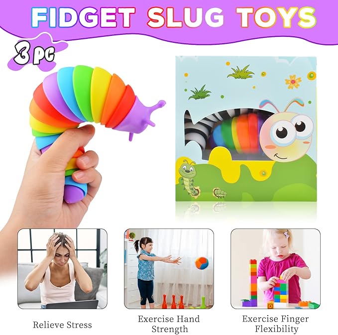 Cevioce Fidget Slug Toy 3Pcs Autism Sensory Toys for Autistic Children Airplane Car Travel Essential Toys Gifts for Kids Toddlers Girls Boys Slug Fidget Toys for Kid Adult Easter Basket Stuffers