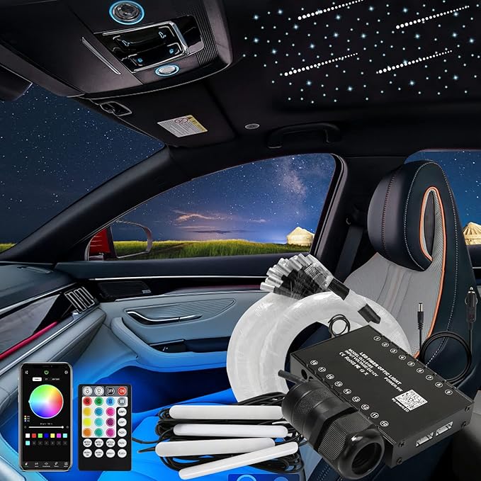 AKEPO 3in1 Fiber Optic Lights Kit APP Control Headliner Starlight, Shooting Star+Music Sync Activated Under Dash Interior LED Light and 6W RGBW Fiber Optic Star Light, 150pcs 0.03in6.5ft Fiber Strands