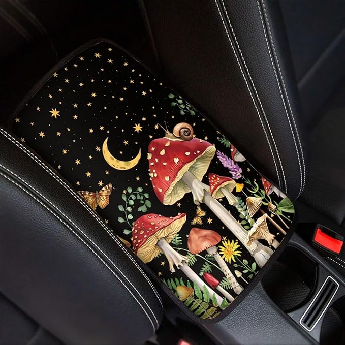 Moon Mushroom Auto Center Console Cover Non Slip Arm Rest Cover for Car SUV Van Vehicles, Auto Seat Box Pad Mushroom Car Accessories Automotive Decoration