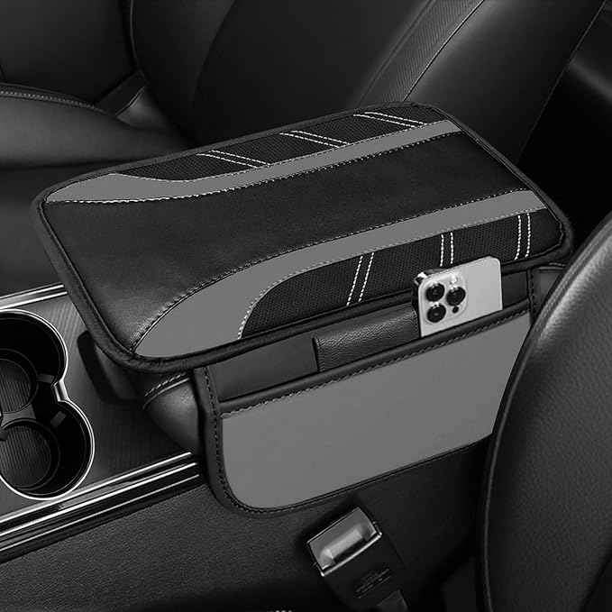 NBTEPEM Gray Center Console Cover, Sporty Leather Armrest Cover Cushion with 2 Storage Pockets, Universal Auto Middle Console Protector, Car Interior Accessories for Most SUV, Truck, Sedan Vehicles