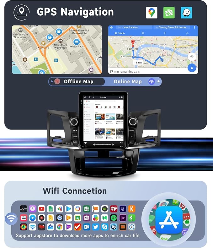 [8 CORE 4G+64G] Car Radio for Toyota Fortuner Hilux 2005-2014 with Wireless Carplay/Android Auto, 9.7 Inch Android 13 IPS Touch Screen Car Stereo, Bluetooth, GPS Navi, WiFi, SWC, DSP + Backup Camera