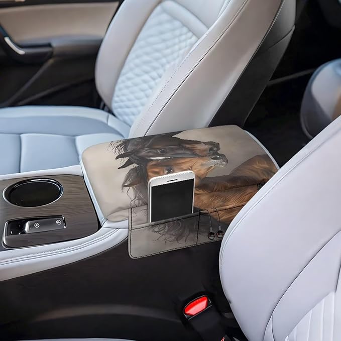 Wanyint Brown Black Horse Car Center Console Pad Soft Non-Slip Armrest Cover Lid Anti-Scratch Car Side Storage Box Pad with 4 Storage Bags Car Decoration Accessories for Women Men