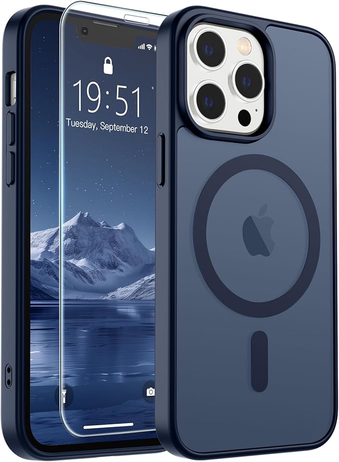 SUPFINE Magnetic for iPhone 12 Pro Max Case with Screen Protector (Compatible with MagSafe) (Military Grade Drop Protection) Translucent Matte Shockproof Phone Cover,Dark Blue
