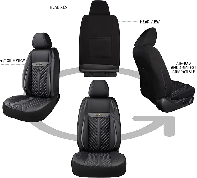 PU Leather Car Seat Covers Front Set – Waterproof seat Cover for Cars，3D Foam Support Automotive seat Covers ，Airbag Compatible, Universal Fit for Cars SUVs Trucks Sedans（Black/Grey）