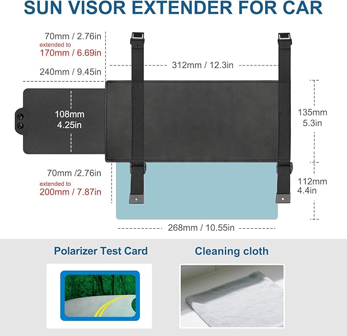 Veharvim Sun Visor Extender for Car (Polarized, UV400, PC Lens, Side Sunshade, Straps&Adjusters), Car Visor Extender Sun Blocker, Visor Extender Attachment, Anti-Glare for Safe Driving(Passenger Side)