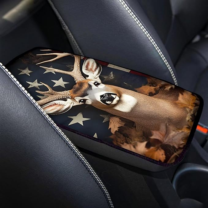 Suobstales Deer American Flag Leaves Print Car Armrest Pad Soft Center Console Arm Rest Protector Cover Universal Car Interior Accessories Decoration