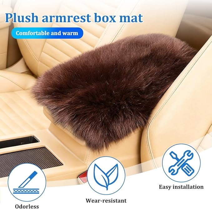 Car Center Console Cover, Fluffy Soft Vehicle Middle Console Arm Rest Cushion Pad, Furry Automotive Interior Armrest Seat Box Protector Decoration Accessories, Universal Fit (Coffee)