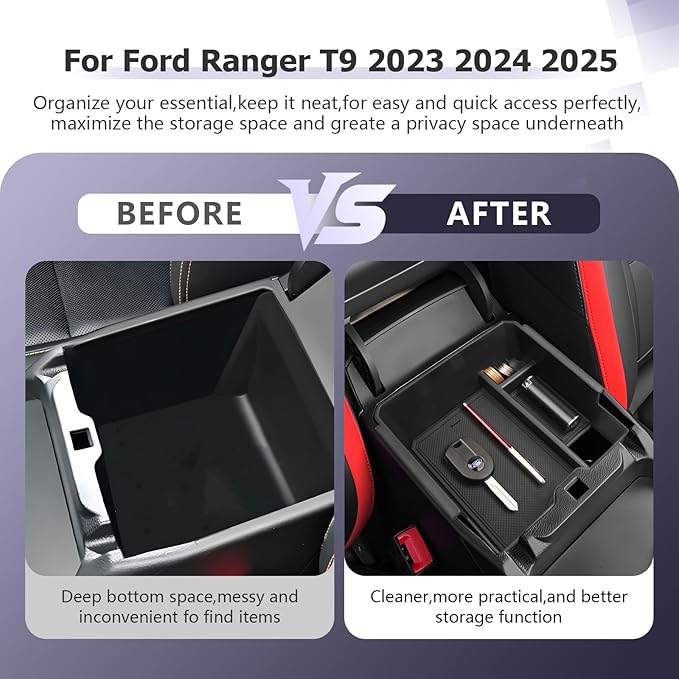 LUWU 2025 2026 Ranger Center Console Organizer for 2024 2025 2026 Ford Ranger XL/XLT/Lariat/Raptor Accessories Armrest Console Storage Box Glove Organizer Tray ABS Material Black