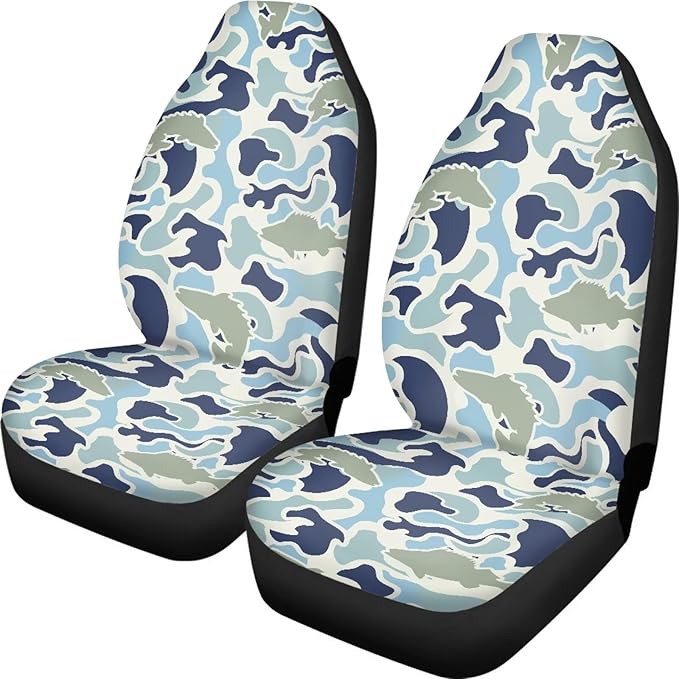 ELEQIN Fish Camo Car Front Seat Covers, 2 Pack Polyester Automotive Seat ProtectorsSoft & Breathable, Automotive Interior Accessories for Most Cars