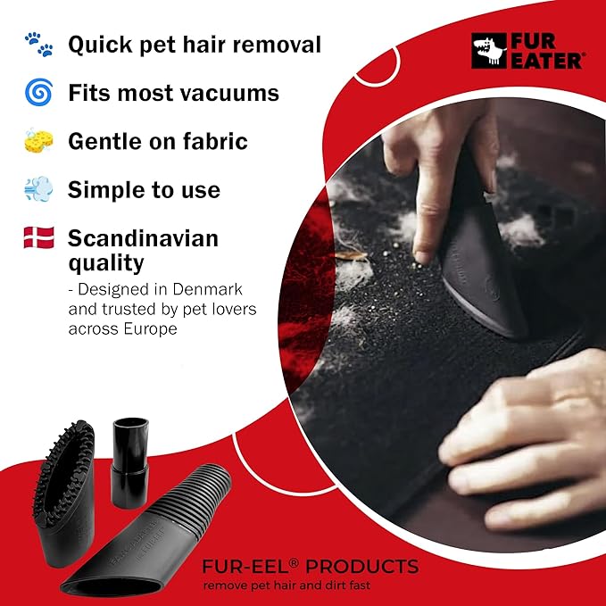 Fur-EEL Pet Hair Removal Tool for Car & Home | Universal Vacuum Attachment for Dog & Cat Hair | Fits 1-1/4" or 1-3/8" Hoses | Lint Remover with Soft Rubber Bristles | Easy to Clean & Reuse