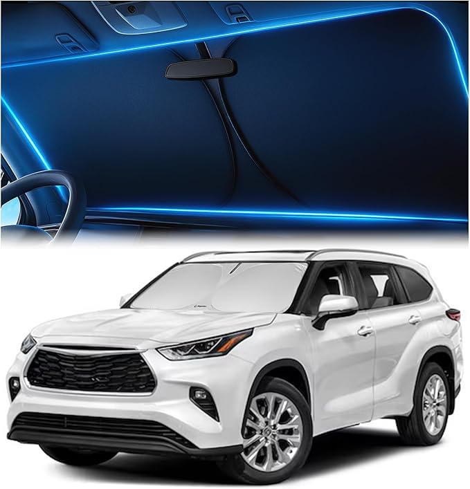 Windshield Sunshade for Toyota Highlander L LE XLE Limited Platinum 2020 2026 - No-Light-Pass Technology, Mirror Cut-Out, Blocks 99% UV Rays, Fade-Resistant, Easy-Fold Highlander Windshield Sun Shade