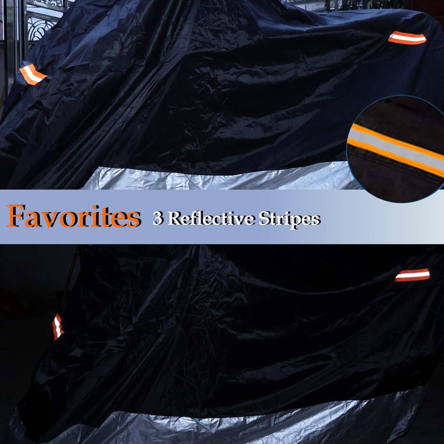Motorcycle Cover, 210D Oxford Cloth, with Reflective Stripes, Waterproof Outdoor Protection, All-Weather Universal car Cover, with Lock Holes and Storage Bag. (Black Silver, 104")