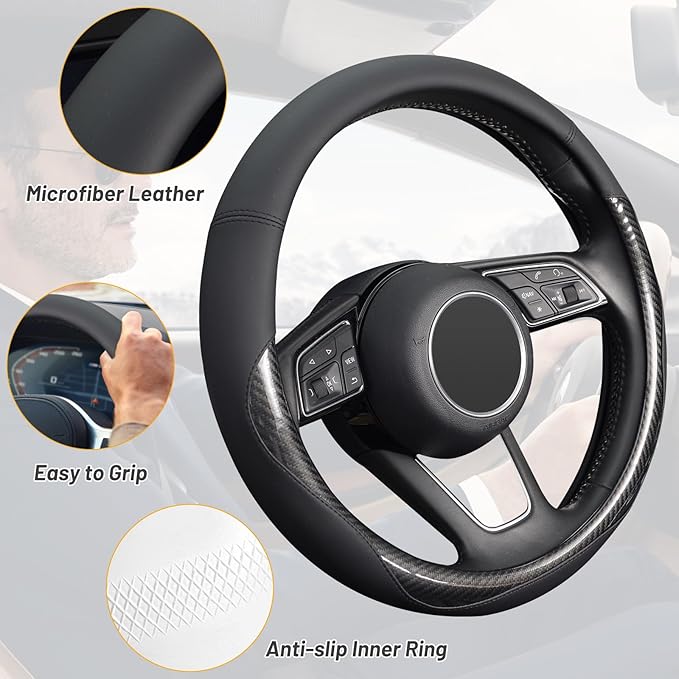 KAFEEK Carbon Fiber Steering Wheel Cover, Universal 15 inch Black,Anti-Slip, Odorless