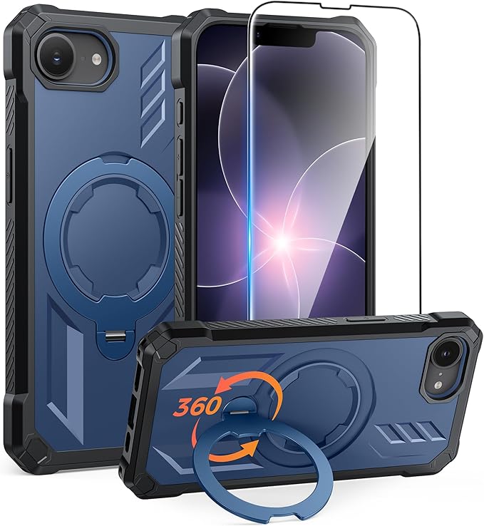 FNTCASE for iPhone 17e Phone Case: for iPhone 16e Case with [360 Spin Magnetic Ring Kickstand] [Compatible for MagSafe] [Screen Protector] Heavy Duty Military Grade Protection Case with Stand Blue