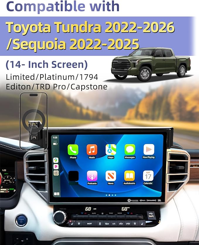 PZK Car Phone Mount for Toyota Tundra 2022-2025 2026 /Sequoia 2023-2026 Limited/Platinum Accessories 14-Inch Screen Compatible with Magsafe Car Phone Holder 360° Rotation Hands Free Not Affect Vent