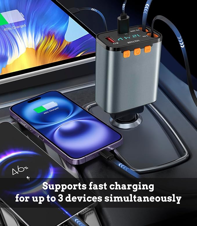 50W PD Car Charger with Bluetooth FM, Retractable Type-C & Lightning Cables, Hands-Free Calling Kit, USB MP3 Player & Voltage Display for 12V/24V Cars, Trucks