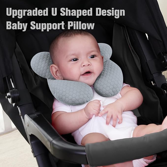 KAKIBLIN Baby Travel Pillow, Upgraded Baby Neck Pillows for Car Seat, Babies Support Pillow, Infant Neck Pillow for Head and Neck, Newborn Head Support for Car Seat,Stroller, Pushchair (Light Grey)