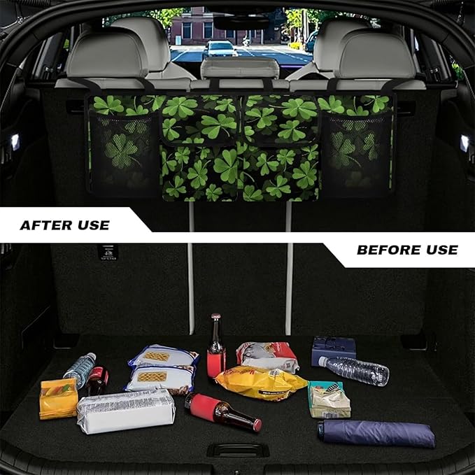 Green Leaves Car Backseat Trunk Organizer St. Patrick Day Large Capacity Hanging Car Storage Bag for SUV,Truck,Van Collapsible Cargo Bag