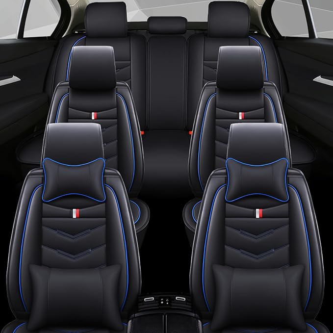 Car Seat Cover 6 Seats for Ford Explorer 2000-2026, Waterproof Durable Compatible Airbag, Premium Leather Seat Protector(6 Seats Luxury,Black Blue)