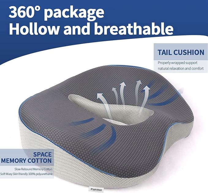 Memory Foam Seat Cushion, Pressure Relief Seat Cushion for Tailbone Pain, Anti-Skid Comfortable Hip Pillow, Support Cushion for Office Chair, Car, Wheelchair, Sciatica and Backache (Grey)