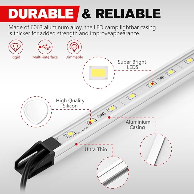 FIERYRED 12V Interior Light Bar Kit, Dimmable Camping Lights, Weatherproof IP67, Aluminum Magnetic Mounting, Portable Lighting for Camping Tent Awning RV Car Trailer Boat (4Pcs White+ 2Pcs Amber)