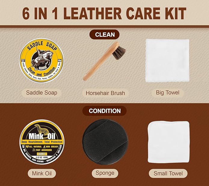 Leather Boot Care Kit, Mink Oil & Saddle Soap for Leather Cleaning & Leather Boots, 6-in-1 Leather Shoe Care Kit, Leather Cleaner and Conditioner for Purses, Shoes, Boots, Couch, Car