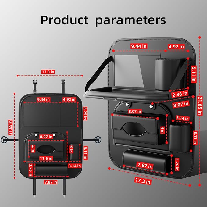 2 Pack Universal Premium Leather Foldable Car Backseat Organizer with Table Tray, Car Seat Back Protector with Garbage Bag Touch Screen Pad Holder, Car Kick Mats with Tissue Box (Black)