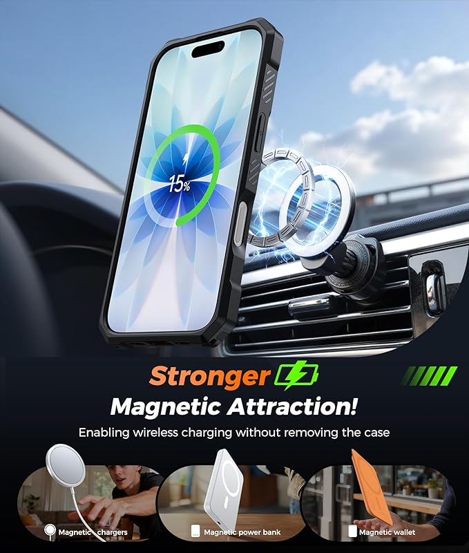 FNTCASE for iPhone 17 Phone Case: [360 Spin Magnetic Ring Kickstand] [Compatible for MagSafe] [Screen Protector] Heavy Duty Military Grade Protection Protective Phone Case with Stand Orange