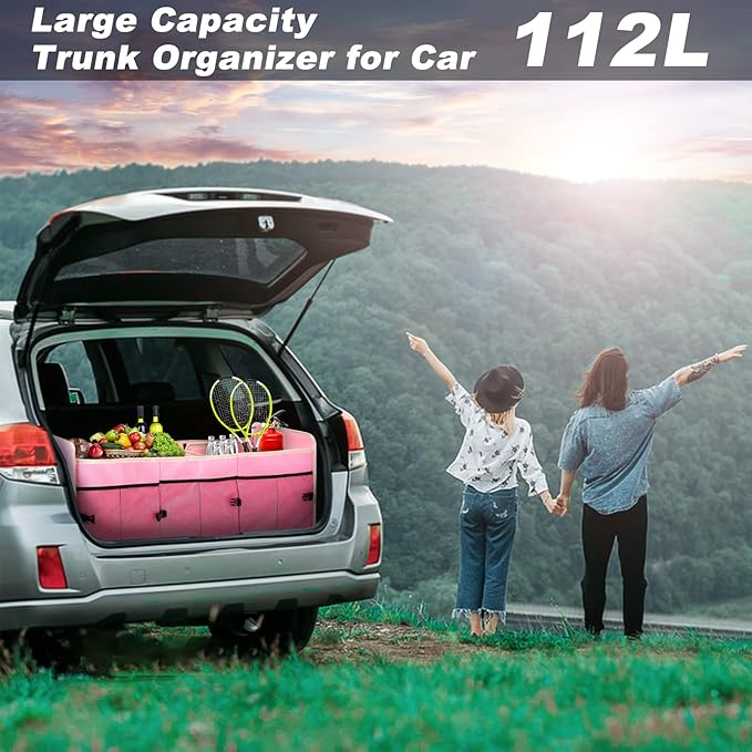 Car Trunk Organizer with Individual Cooler Bag - 3 Compartments Trunk Organizer for Car Collapsible Car Storage Organizer for SUV (Pink)