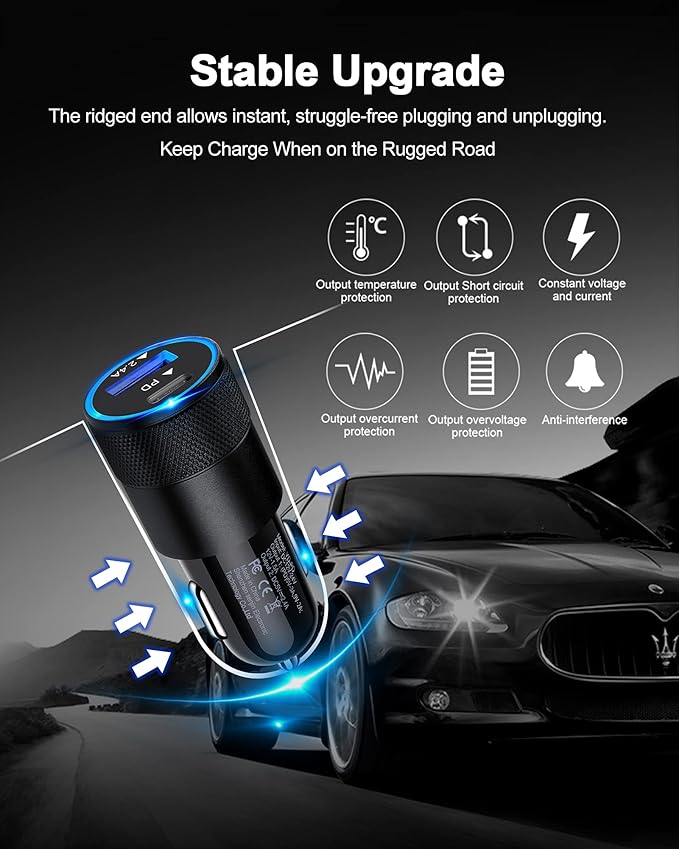 AILKIN 30W PD USB C Car Charger, USB Type C Fast Power Charging Block Dual Port USB A & USBC Plug Cargador Carro Lighter Adapter for iPhone, iPad, Samsung Galaxy, LG, Google Pixel, Moto, USB-C Port