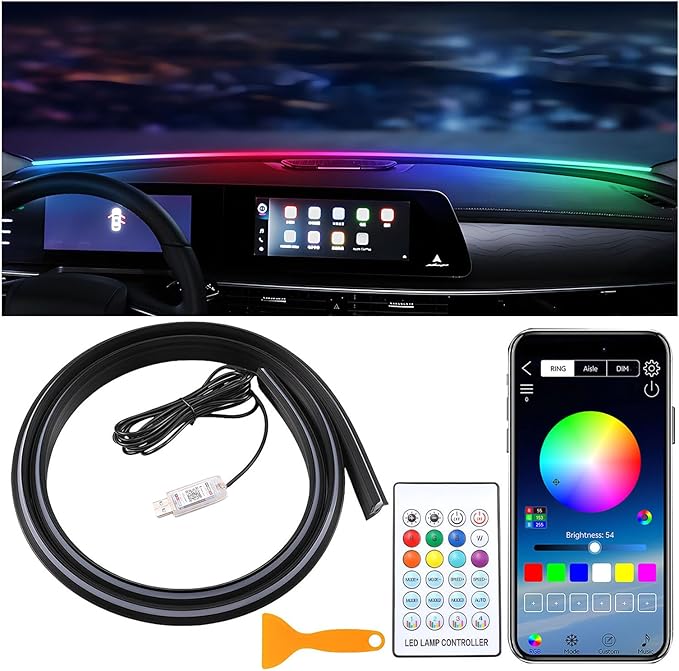 Interior Car LED Strip Lights with APP Control,RGB 210 Modes Neon Car Ambient Lighting,55in LED Strip Lights for Cars,Dynamic Chasing Music Sync Neon Car Ambient Lighting Kits