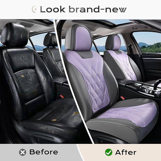 Coverado Car Seat Covers, Front Covers for Cars, Car Seat Cover Front Seats, Automotive Seat Cover, Waterproof, Leather Car Seat Cushion, Universal Interior Seat Protectors for Most Cars Gray-Pruple