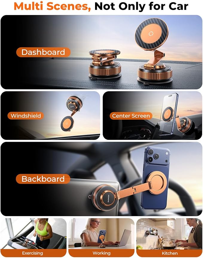 2026 Upgraded 360°Rotation Nano Gel Suction Phone Holder, Foldable Metal Vacuum Magnetic Phone Holder [119+LBS Strongest Suction & Magnetic] Phone Mount for Your Car for iPhone 17 16 Pro Max-Golden
