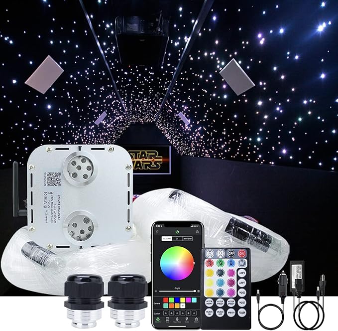 AKEPO 32W Dual Head RGBW Twinkle+ Sound Activated+APP Fiber Optic Lights Kit Star Ceiling Sky Light 16.4ft/5m Total 1550pcs of Mixed Strands 0.75+1+1.5mm for Home Indoor Decor/Car Headliner Starlight