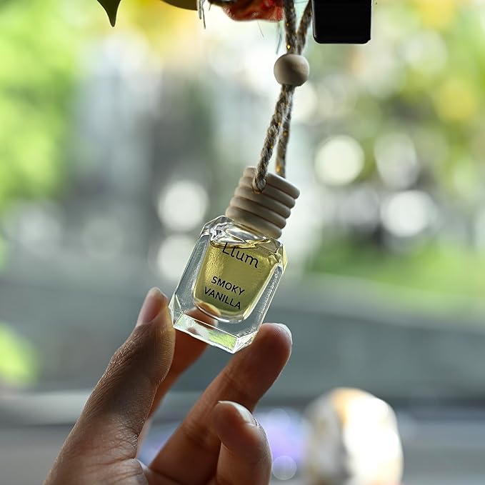 Llum Smoky Vanilla Hanging Car Air Freshener – Luxury Automotive Perfume Diffuser 10ml (0.34 fl oz), Long-Lasting Fragrance, Alcohol-Free Non-Toxic Scent, Glass Bottle With Wood Cap & AC Vent Clip