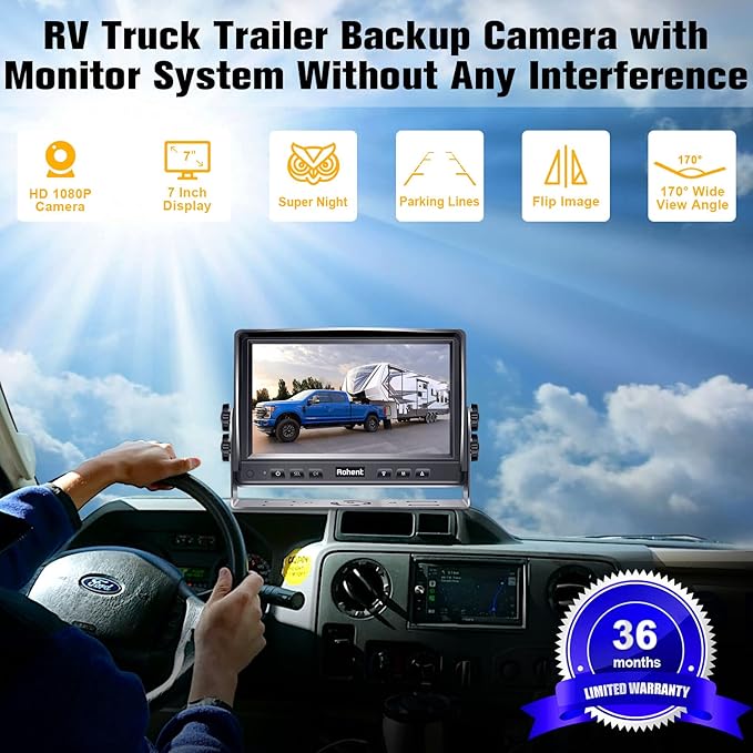 HD 1080P Wired RV Backup Camera System - with 170° Wide-Angle Lens, Night Vision, Waterproof IP69, Easy DIY Installation for RVs, Trucks, and Trailers by Rohent