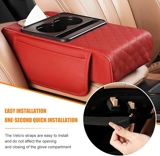 Car Armrest Cushion, 5-in-1 Nappa Leather Vehicle Centre Console Cover with 2 Storage Pockets, Cup Phone & Phone Holder, Multifunctional Auto Organiser Accessories, Universal Fit (Wine Red)