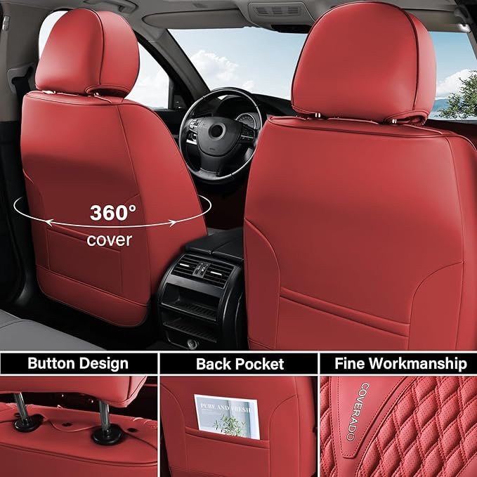 Coverado Car Seat Covers Full Set, Waterproof Nappa Leather Seat Covers for Cars, Front and Back Car Seat Protector, Luxury Car Seat Covers, 5 Seats Universal Red Car Seat Cover Fit for Most Cars