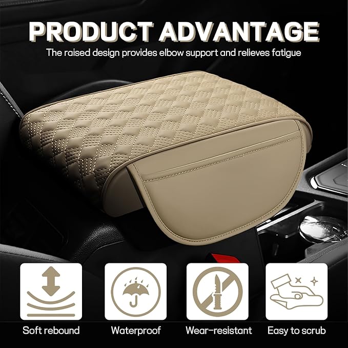 Car Armrest Cushion, 12.2"×8.3" Leather Auto Memory Foam Center Console Pad with Storage Pocket, Waterproof & Anti-Scratch Elbow Pillow Armrest Seat Box Protector, Universal Fit (Beige)