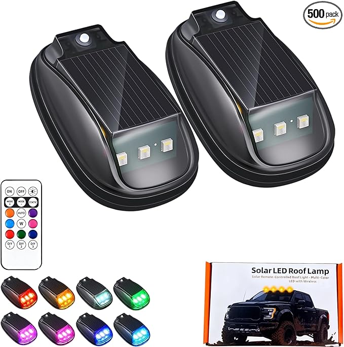 Solar-Powered Car Roof Light – Waterproof, Remote Control & Easy Installation, Solar Car Roof Light Kit, 8 Colors Wireless LED Strobe Lights with Remote Control for Trucks, Motorcycle, Vehicle (2pcs)