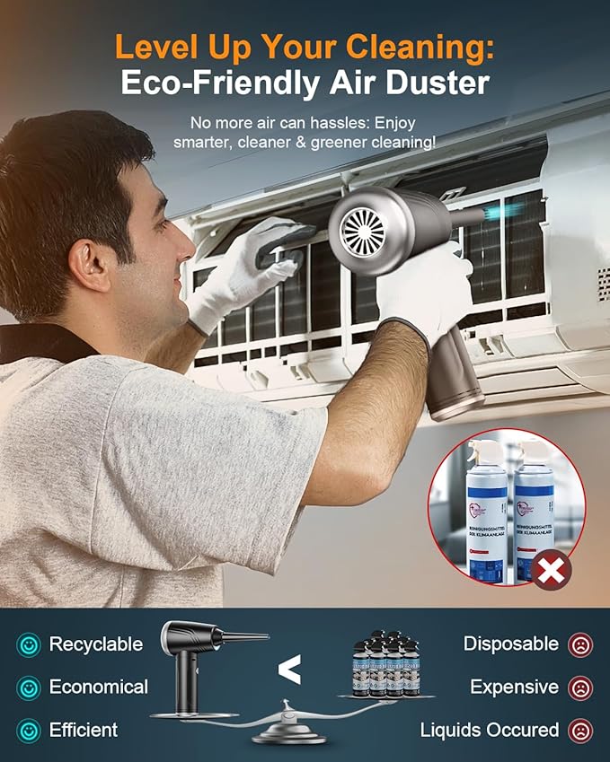Compressed Air Duster, BANKKY 11-in-1 Cordless Keyboard Cleaner for Office, 120000RPM Electric Air Duster for Computer, Conditioner, etc (Black+Silver)