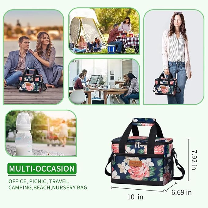 iknoe Insulated Lunch Bag, Foldable 8.5L Cooler Bag for Men & Women, Leakproof Thermal Design, Great for Office, Picnic, Travel, Lunch Box,Flower