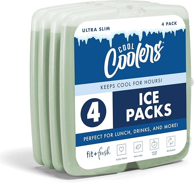 Cool Coolers by Fit & Fresh Slim Ice Packs, Quick Freeze Reusable Ice Packs for Lunch Boxes & Coolers, Long-Lasting, Space Saving Lunch Ice Packs, Sage, 4Pk