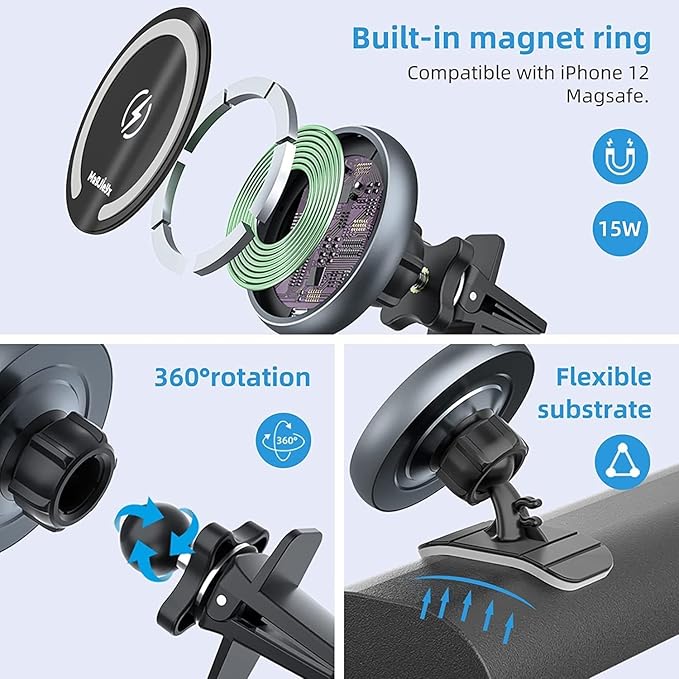 Magjieyx for Magsafe Car Mount Wireless Charger Magnetic Fast Charging Compatible with iPhone 17,16,15,14,13,Pro Max,Mini,Magsafe Case, Air Vent and Stick On Dashboard Car Phone Holder