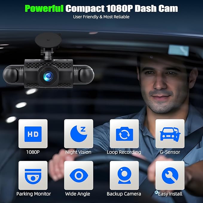 4 Channel 360°Dash Cam Front and Rear Inside Left Right,3'' 1080P Dash Camera for Cars,Dash Camera Car Camera with Motion Detection,Loop Recording,G-Sensor,24 Parking Monitor