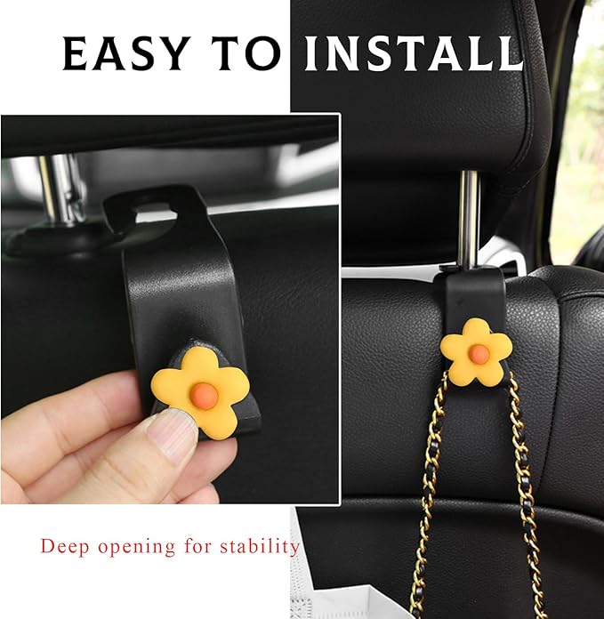4 PCS Car Seat Headrest Hook, Plastic Headrest Hooks with Adhesive Flower, Auto Back Seat Hanger Storage Hook for Grocery Bag Purse Handbag Umbrella, Car Accessories (Dark Yellow)