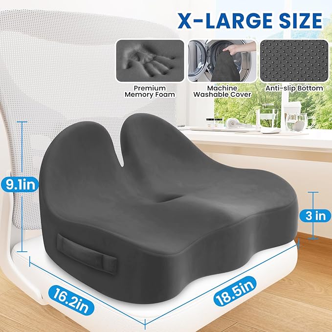 Seat Cushion, Chair Cushions for Office Chairs/Desk Seats/Wheelchair - Hip&Sciatica&Tailbone Pain Relief Memory Foam Office Chair Cushion for Long Sitting Office Workers (Grey, X-Large)