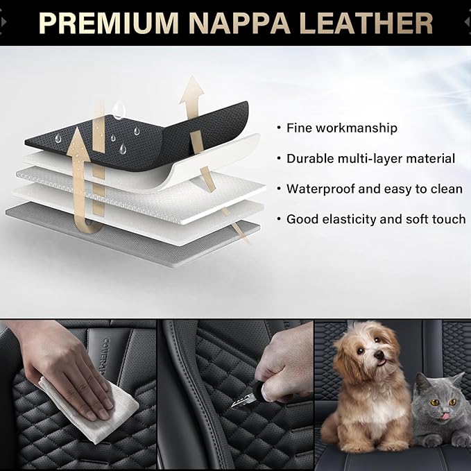 Coverado Car Seat Cover, Front Seat Cover, 2 Pack Universal Seat Covers for Cars, Breathable Nappa Leather Seat Cover, Waterproof Car Seat Protectors, Automotive Seat Covers Fit for Most Cars Black
